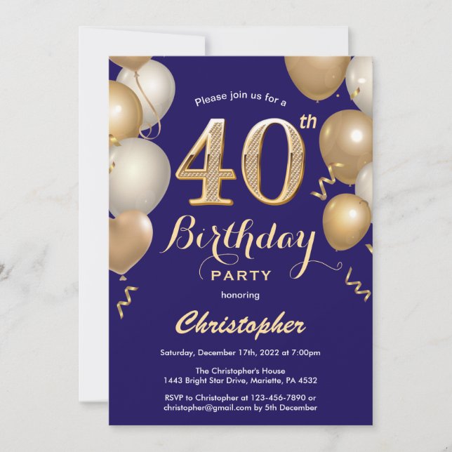40th Birthday Navy Blue and Gold Balloons Confetti Invitation (Front)