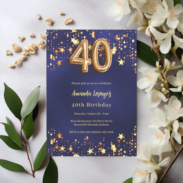 40th birthday navy blue gold stars invitation (Creator Uploaded)