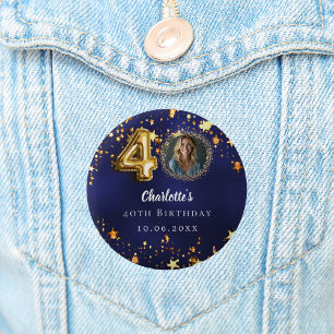 40th birthday navy blue gold stars photo 6 cm round badge
