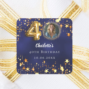 40th birthday navy blue gold stars photo square sticker