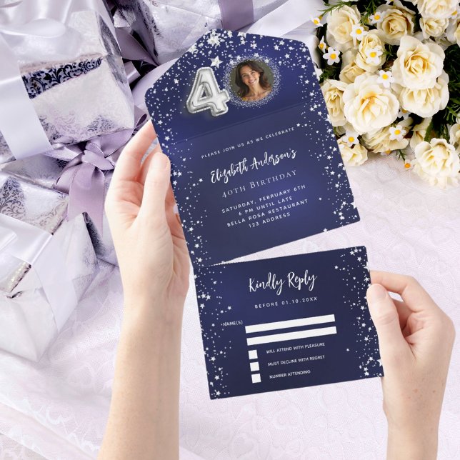 40th Birthday navy blue photo silver stars rsvp All In One Invitation (Creator Uploaded)