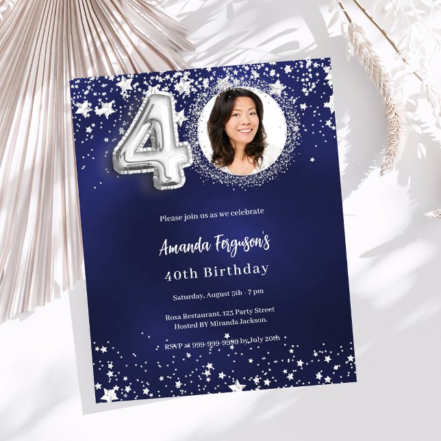 40th birthday navy blue silver photo invitation (Creator Uploaded)
