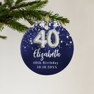 40th birthday navy blue silver stars ceramic tree decoration