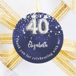 40th birthday navy blue silver stars classic round sticker<br><div class="desc">A sticker for a 40th birthday celebration. A navy blue background colour with faux silver stars. The blue colour is uneven.  Add your name,  text. Text: Thank you for celebrating with me!</div>