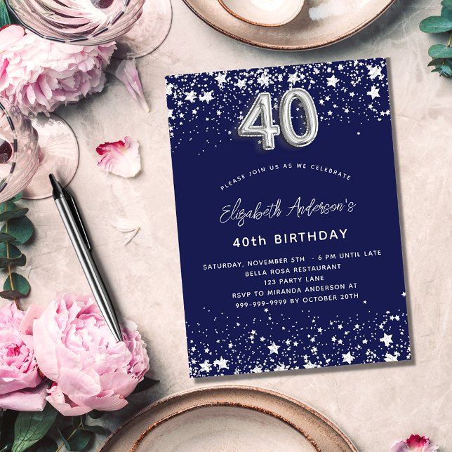 40th birthday navy blue silver stars glamourous invitation (Creator Uploaded)