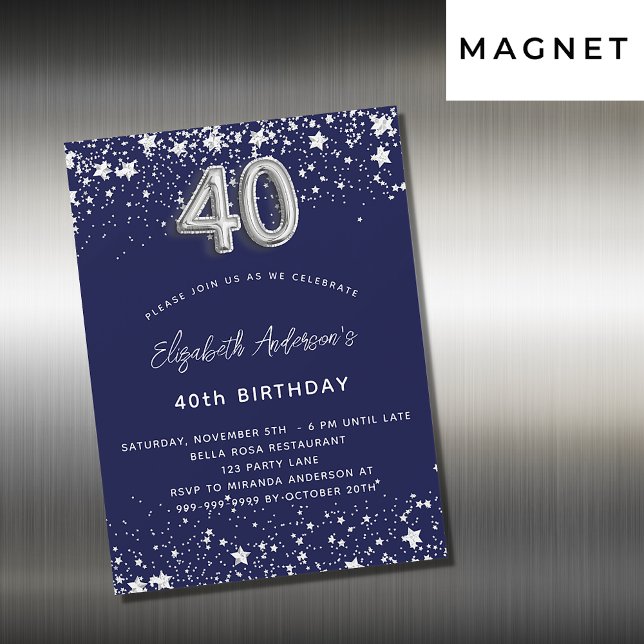 40th birthday navy blue silver stars luxury magnetic invitation (Creator Uploaded)