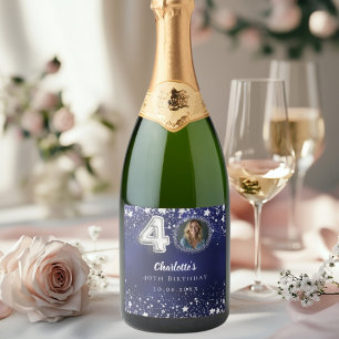 40th birthday navy blue silver stars photo sparkling wine label
