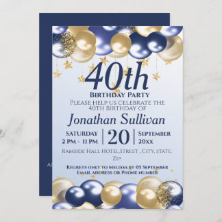 40th Birthday Navy Gold Balloons Party Invitation