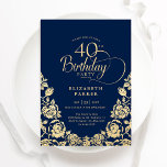 40th Birthday Navy Gold Roses Invitation<br><div class="desc">Navy blue gold elegant 40th birthday party invitation. Classy design featuring roses,  faux gold foil and typography script font. Trendy invite card perfect for a stylish female bday celebration. Personalise with your own details. Can be customised to any age. Printed Zazzle invitations or instant download digital printable template.</div>