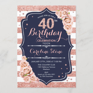 40th Birthday -  Navy Rose Gold and White Stripes Invitation