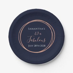 40th Birthday Navy Rose Gold Birthday Party Paper Plate