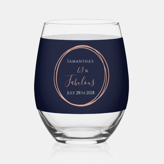 40th Birthday Navy Rose Gold Party Favor Stemless Wine Glass (Front)