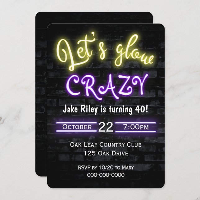 40th Birthday Neon Glow Sign on Brick Wall Invitation (Front/Back)