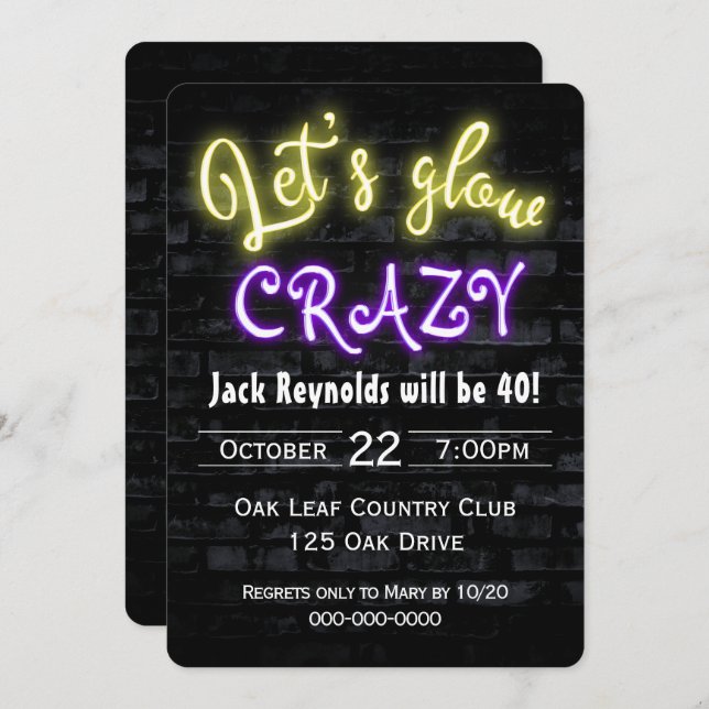 40th Birthday Neon Glow Sign on Brick Wall Invitation (Front/Back)