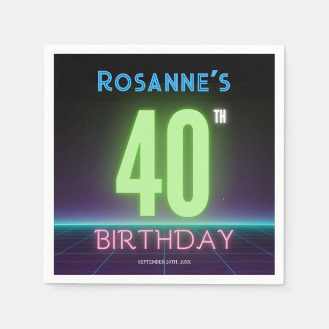 40th Birthday Neon Sign Funny 80s Retro Custom Napkin (Front)
