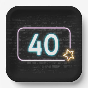 40th Birthday Neon Sign On Brick Paper Plate
