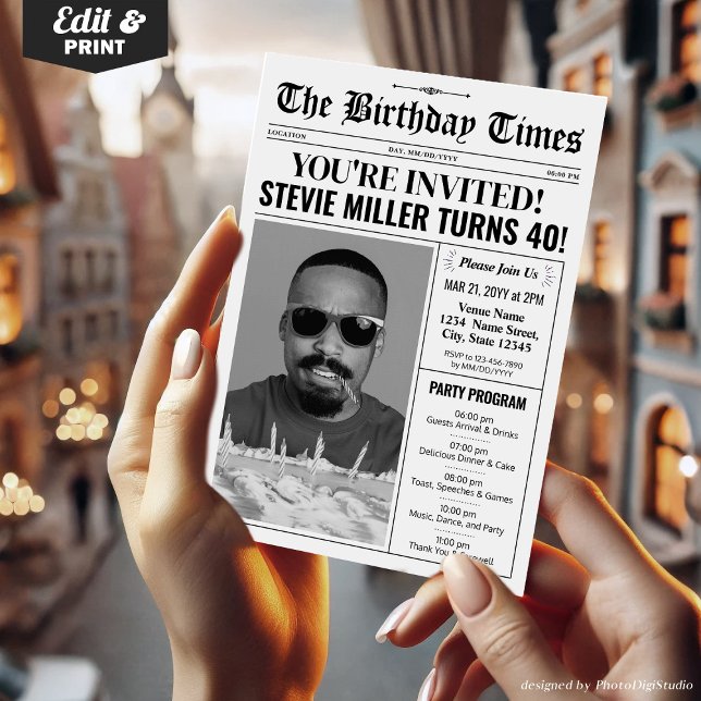 40th Birthday Newspaper Invitation with Program  (40th Birthday Newspaper Invitations with Program)