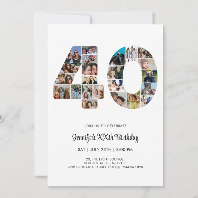 40th Birthday Number 40 Custom Photo Collage Invitation (Front)
