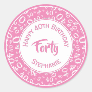 40th Birthday Number 40 Pattern Pink and White Classic Round Sticker