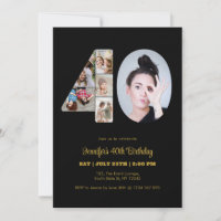 40th Birthday Number 40 Photo Collage Modern Black