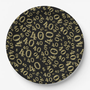 40th Birthday Number Pattern Black/Gold Paper Plate