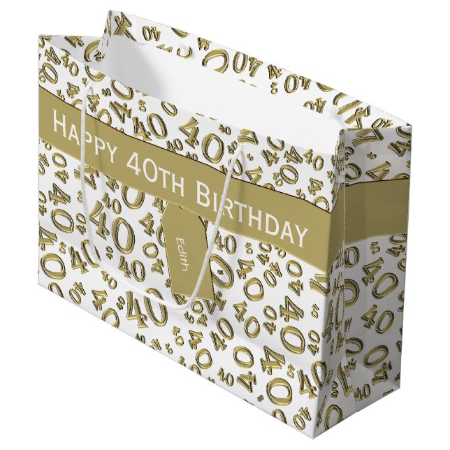 40th Birthday Number Pattern Gold/White 40 Large Gift Bag (Front Angled)