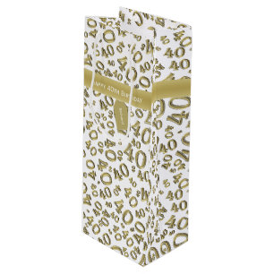 40th Birthday Number Pattern Gold/White 40 Wine Gift Bag