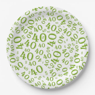 40th Birthday Number Pattern Green/White Paper Plate