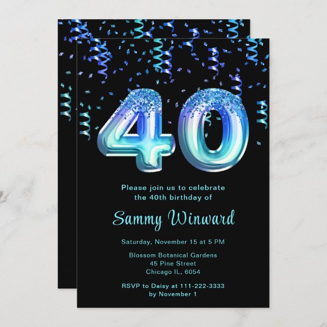 40th Birthday Ocean Balloons with Confetti Invitation (Front/Back)