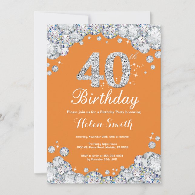 40th Birthday Orange and Silver Diamond Invitation (Front)