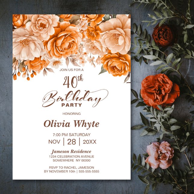 40th Birthday Orange Rose Floral Party Invitation (Creator Uploaded)