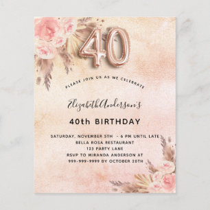40th birthday pampas grass rose budget invitation flyer