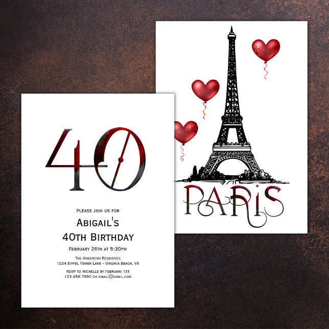 40th Birthday Paris, Eiffel Tower, Red Balloons Invitation (Creator Uploaded)