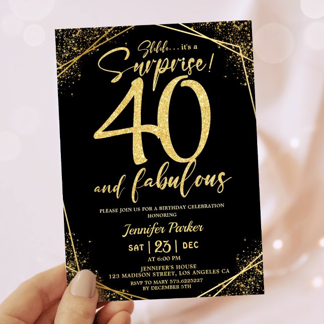 40th Birthday Party 40 Fabulous Black Gold Glitter Invitation (Creator Uploaded)