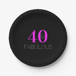 40th Birthday Party 40 Fabulous Black Neon Pink Paper Plate