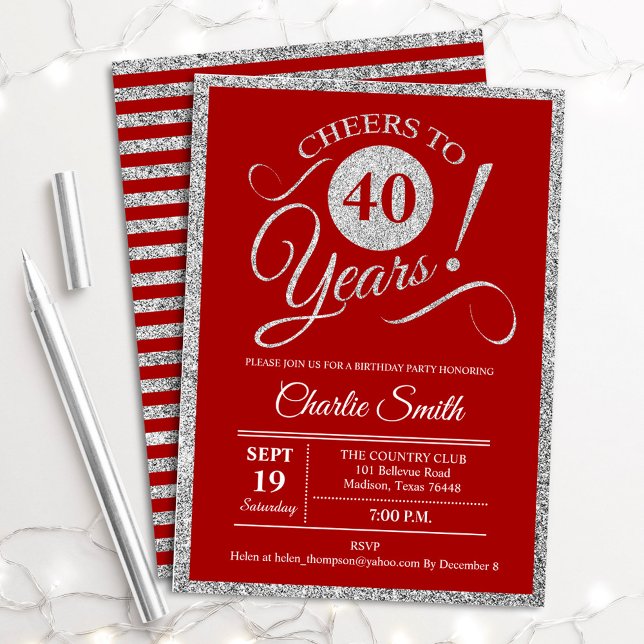 40th Birthday Party - ANY AGE Red Silver Invitation (Creator Uploaded)