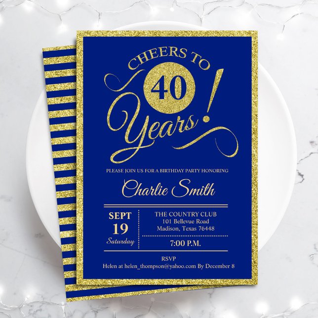 40th Birthday Party - ANY AGE Royal Blue Gold Invitation (Creator Uploaded)