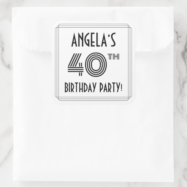 40th Birthday Party: Art Deco Style + Custom Name Square Sticker (Bag)