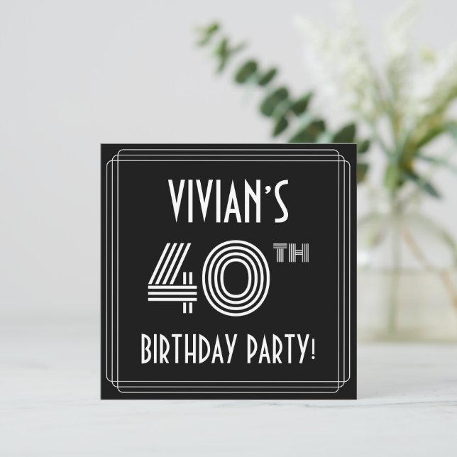 40th Birthday Party: Art Deco Style w/ Custom Name Invitation (Standing Front)