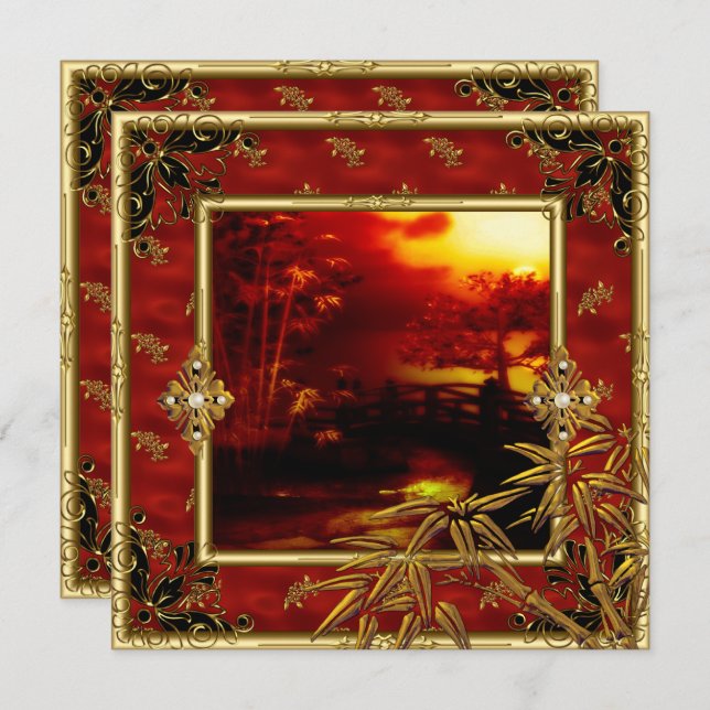 40th Birthday Party Asian View Gold Bamboo Red 2 Invitation (Front/Back)