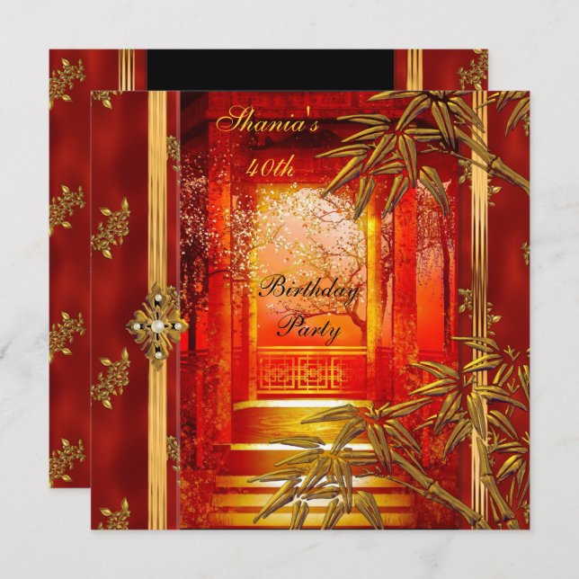 40th Birthday Party Asian View Gold Bamboo Red Invitation (Front/Back)