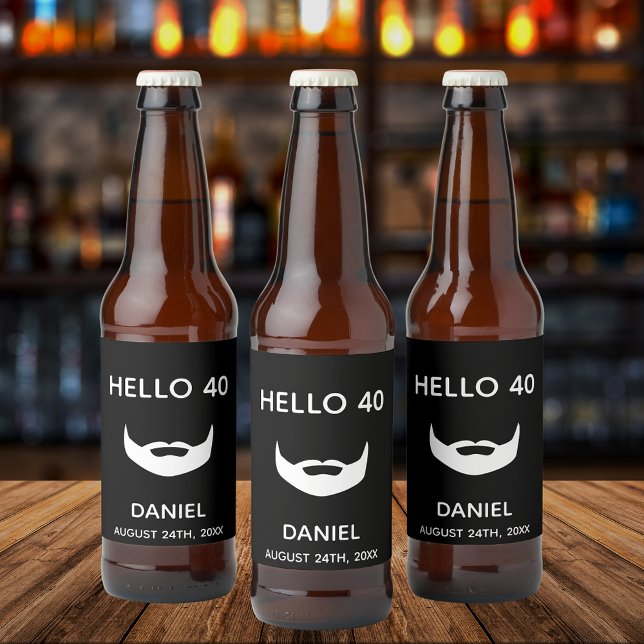 40th birthday party beard black white men beer bottle label (Creator Uploaded)