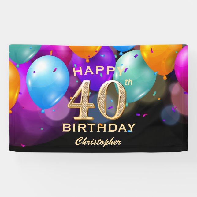 40th Birthday Party Black and Gold Balloons Banner (Horizontal)