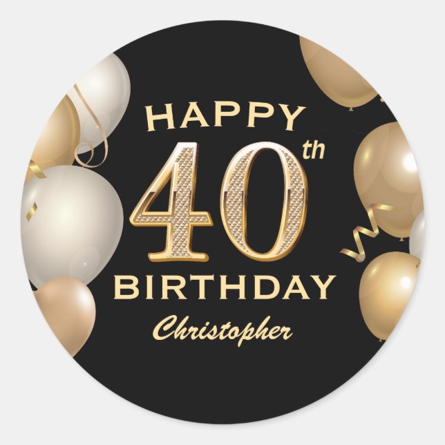 40th Birthday Party Black and Gold Balloons Classic Round Sticker (Front)