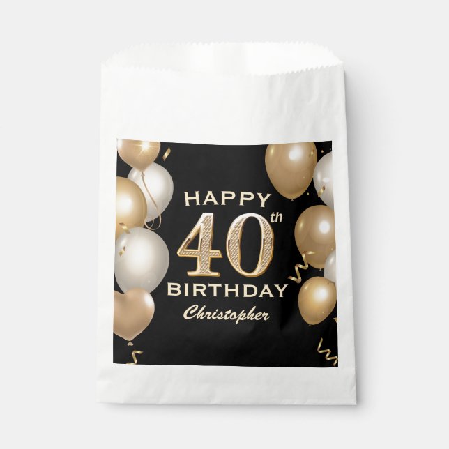 40th Birthday Party Black and Gold Balloons Favour Bags (Front)