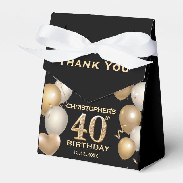40th Birthday Party Black and Gold Balloons Favour Box (Front Side)