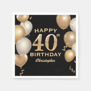 40th Birthday Party Black and Gold Balloons Napkin