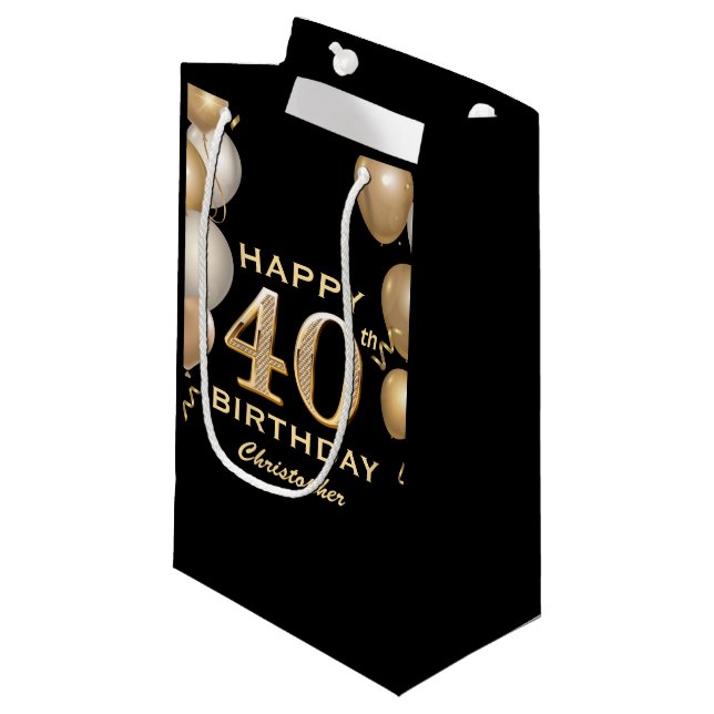 40th Birthday Party Black and Gold Balloons Small Gift Bag (Front Angled)