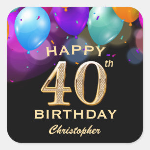40th Birthday Party Black and Gold Balloons Square Sticker