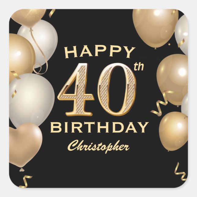 40th Birthday Party Black and Gold Balloons Square Sticker (Front)